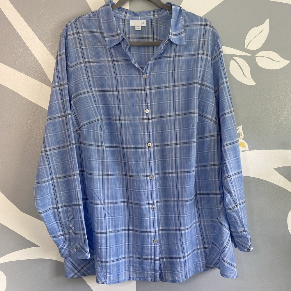 J. JILL Button Up Long Sleeve Tunic Shirt 2X Blue Plaid Lightweight Semi-Sheer